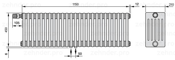 Схема (чертеж) Радиатор Zehnder Charleston 6045/25 №V007 Белый глянцевый RAL 9016